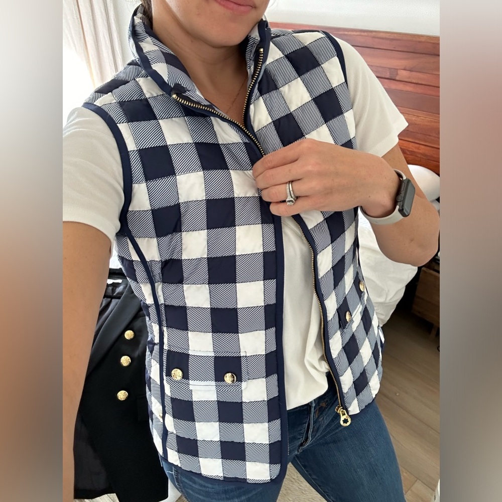 Draper James Buffalo navy and white plaid puffer vest.